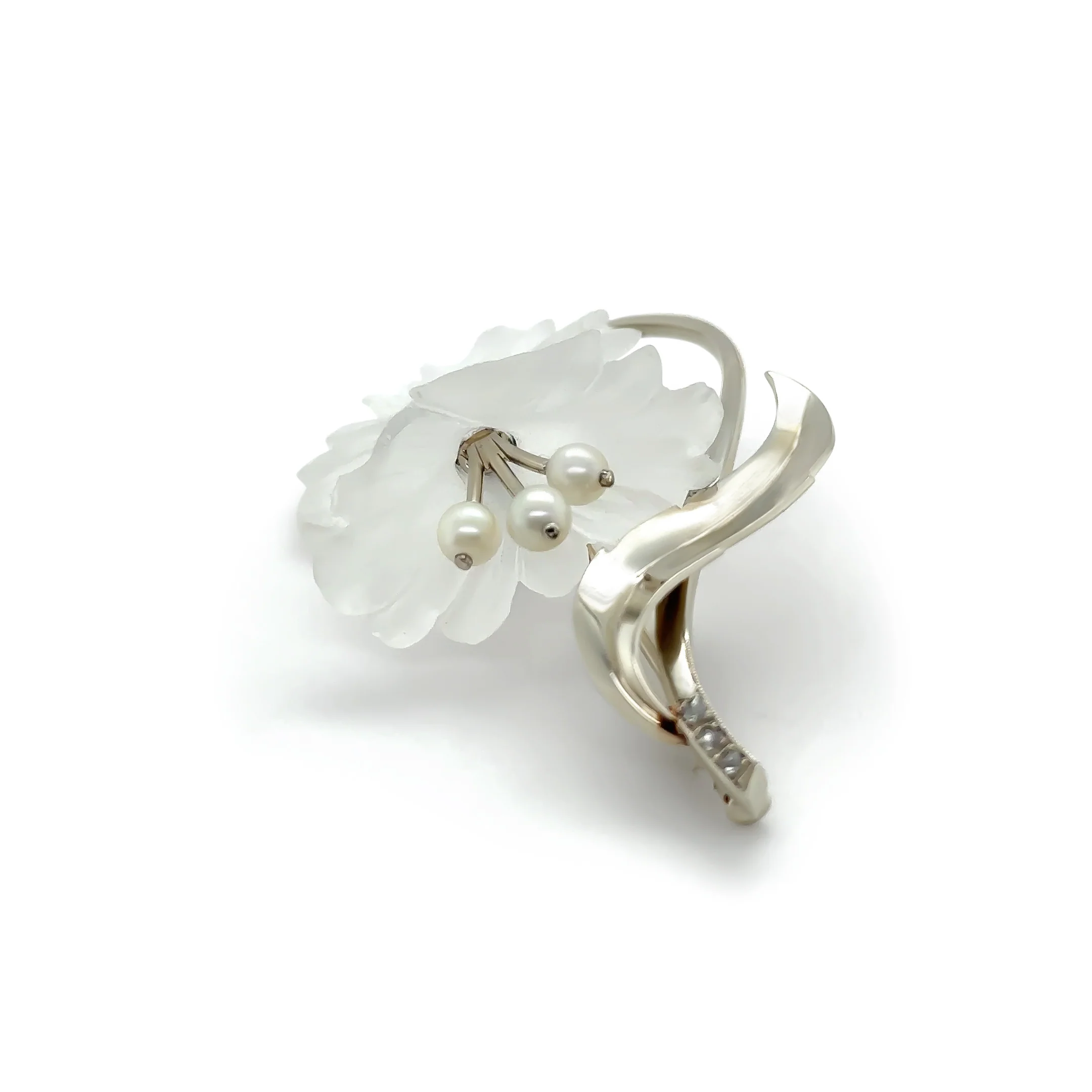 14ct White Gold Austrian Rock Crystal Cultured Pearl and Diamond Floral Brooch 11.93g - Image 5