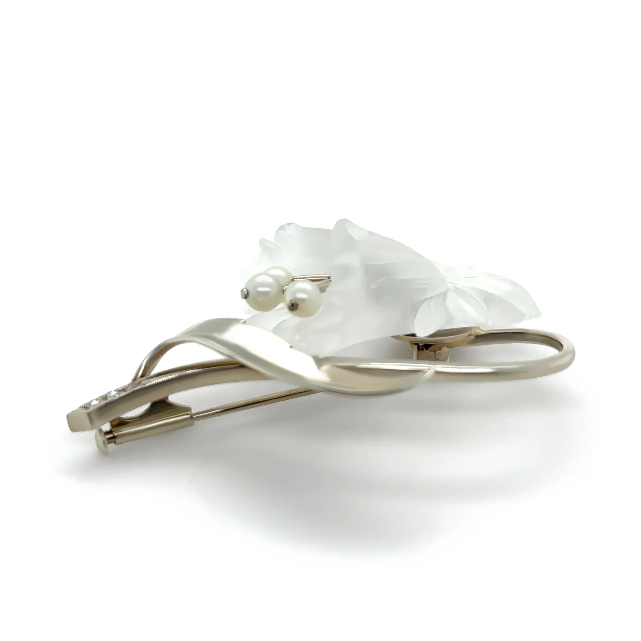 14ct White Gold Austrian Rock Crystal Cultured Pearl and Diamond Floral Brooch 11.93g - Image 6