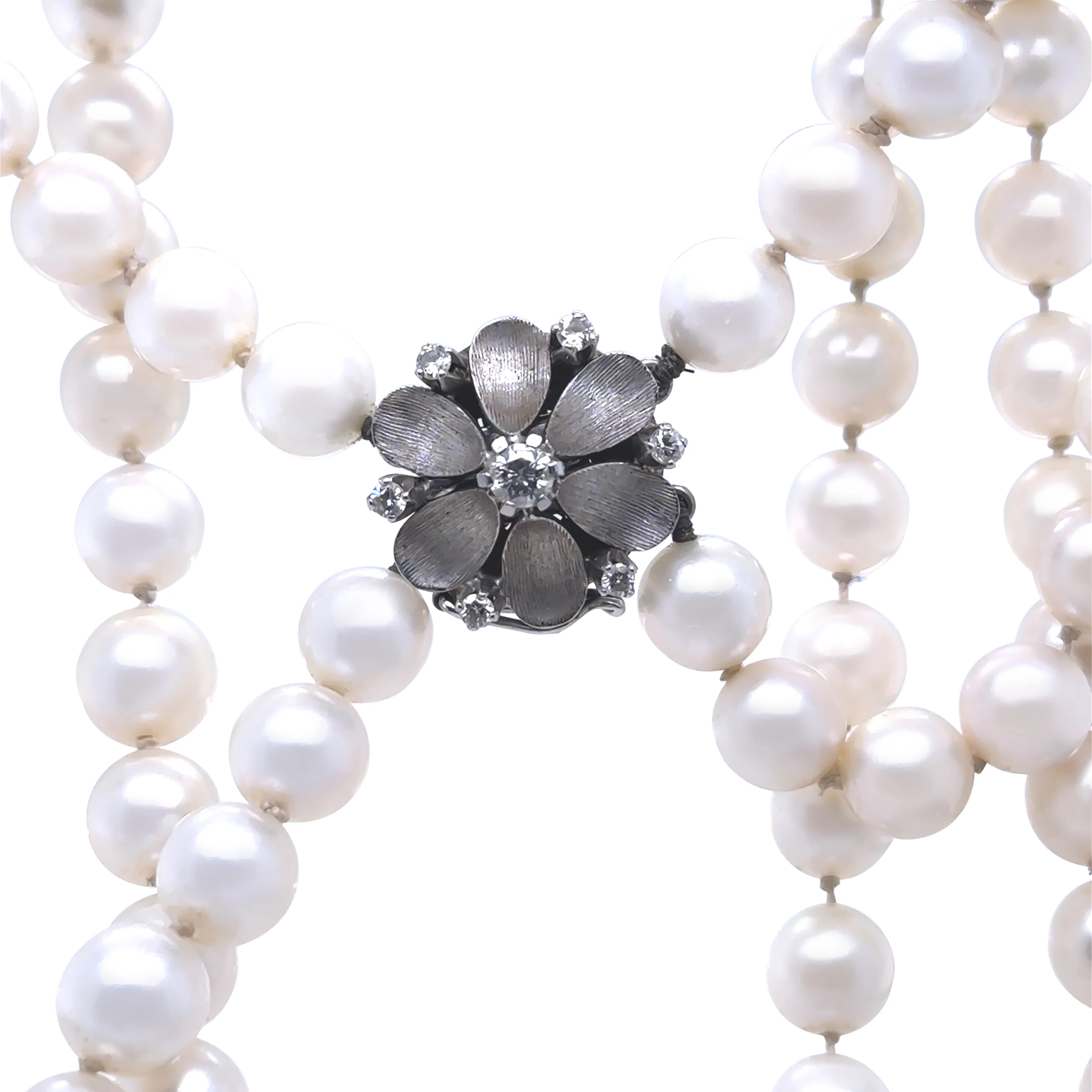 14ct White Gold Double Strand Cultured Pearl Necklace with Diamonds 0.26ct - Image 2