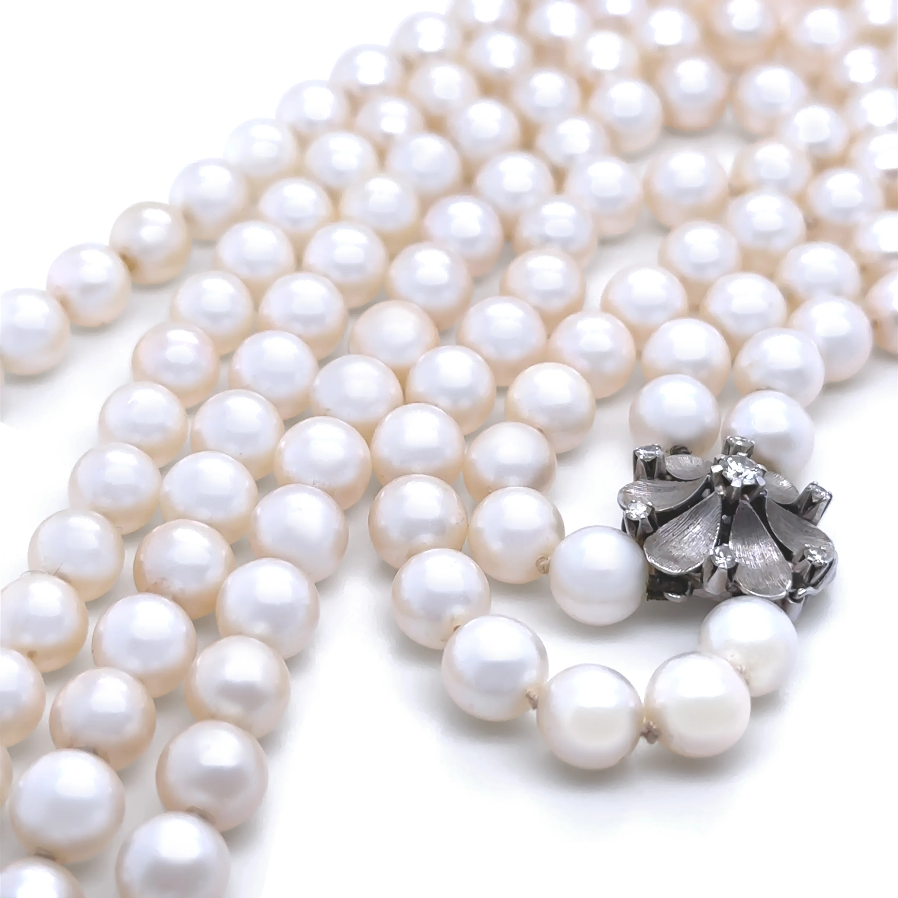 14ct White Gold Double Strand Cultured Pearl Necklace with Diamonds 0.26ct - Image 3