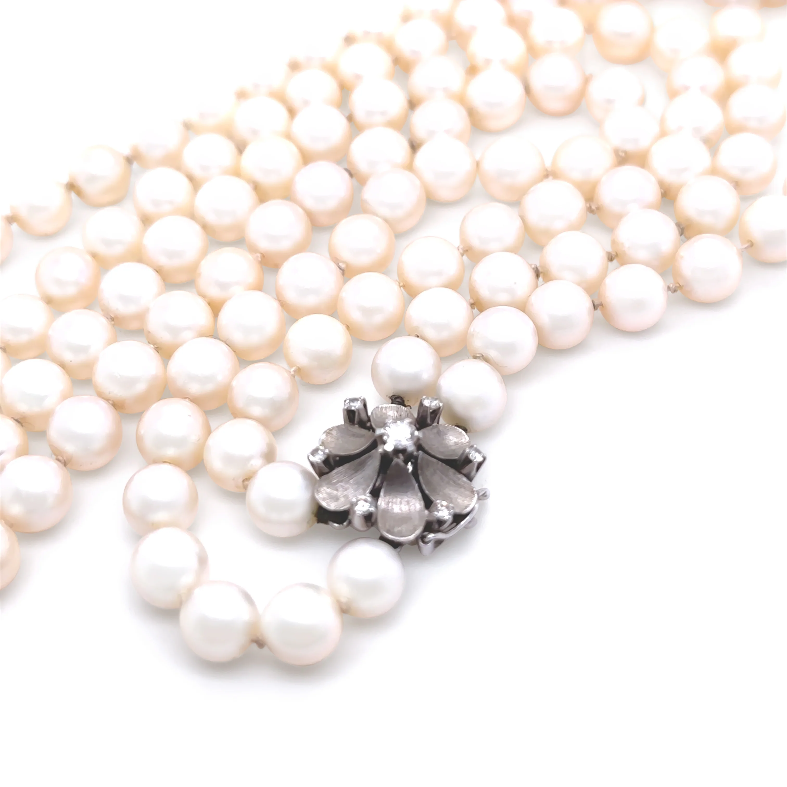 14ct White Gold Double Strand Cultured Pearl Necklace with Diamonds 0.26ct - Image 4