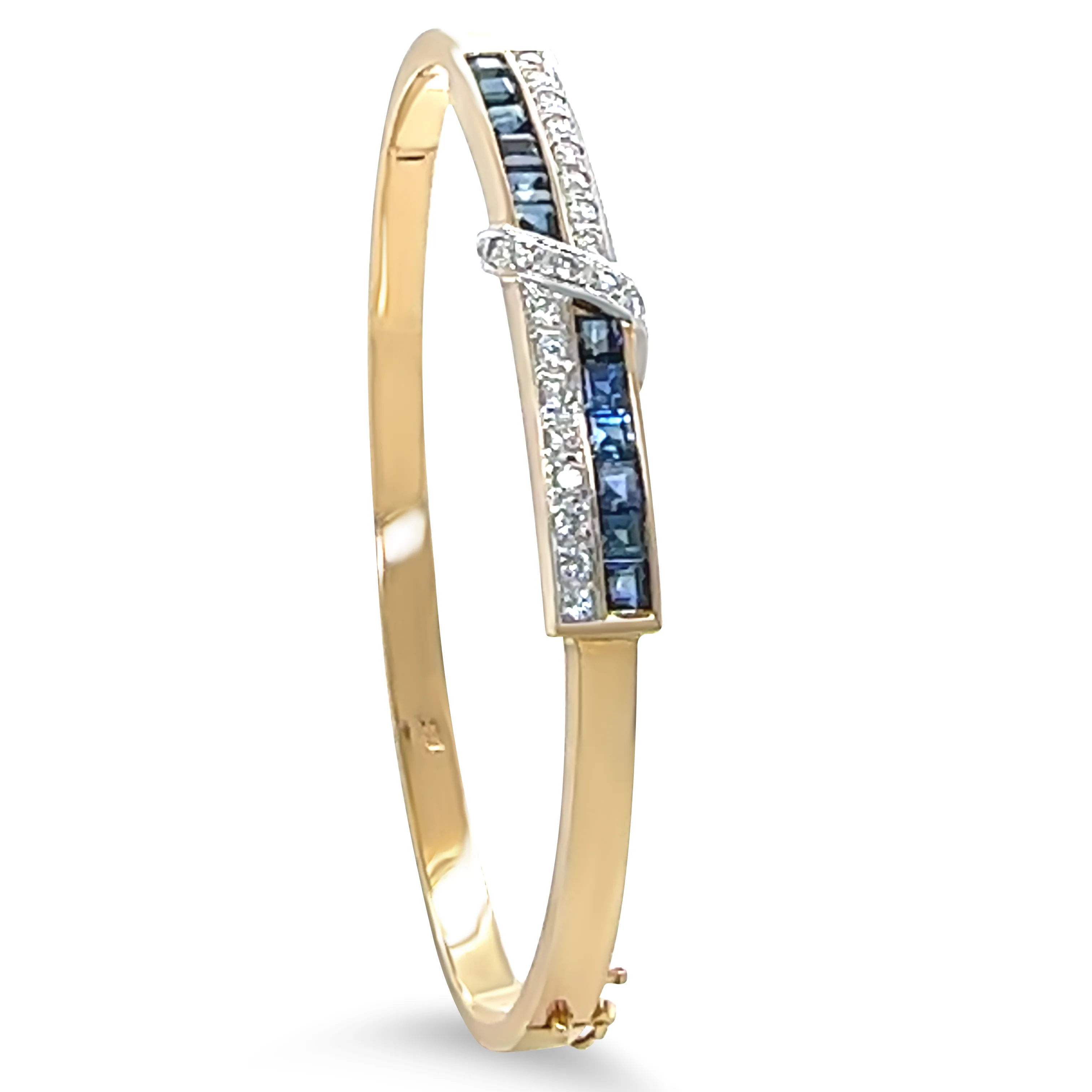 14ct Yellow and White Gold Sapphire and Diamond Hinged Bracelet 0.38ct 16g - Image 6