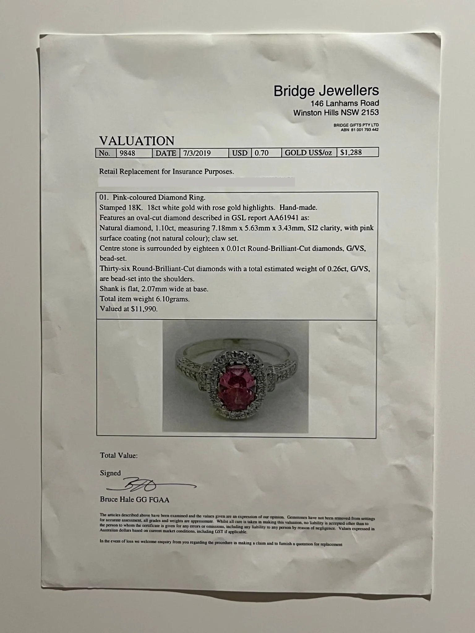 18ct White and Rose Gold Pink Diamond Ring 1.36ct 6.1g - Image 6
