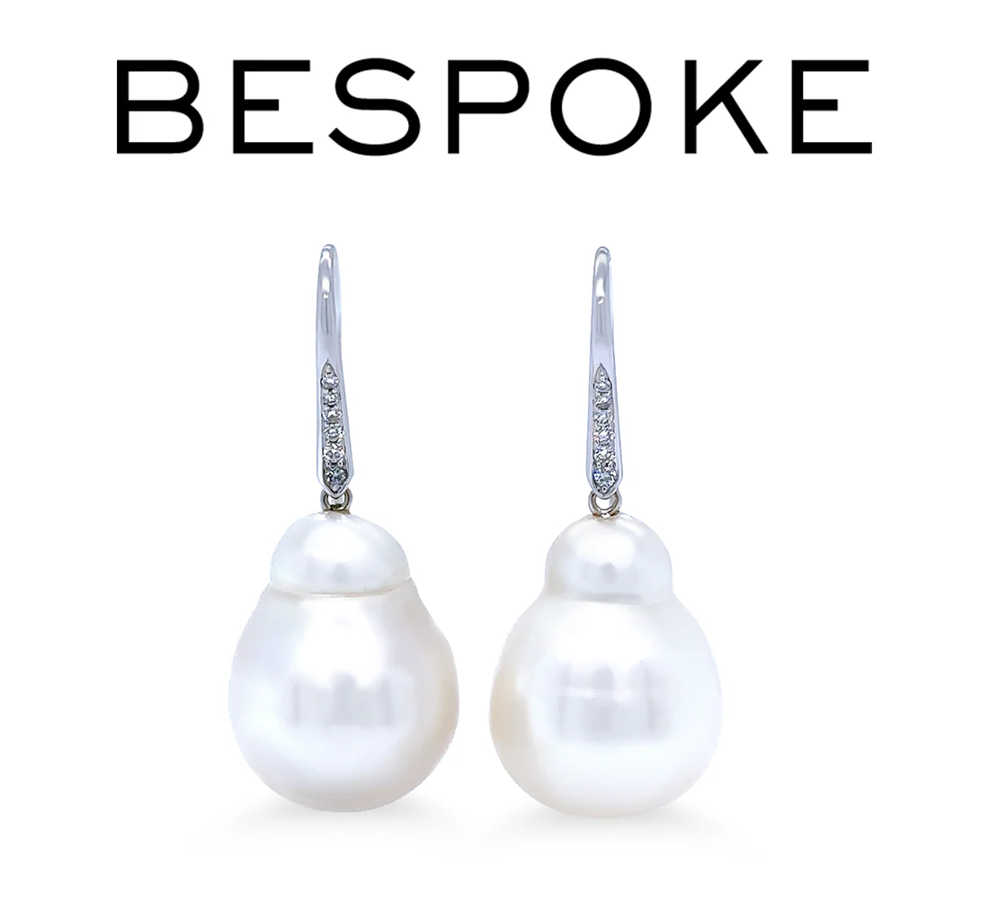 18ct White Gold Baroque South Sea Pearl and Diamond Drop Earrings 0.12ct