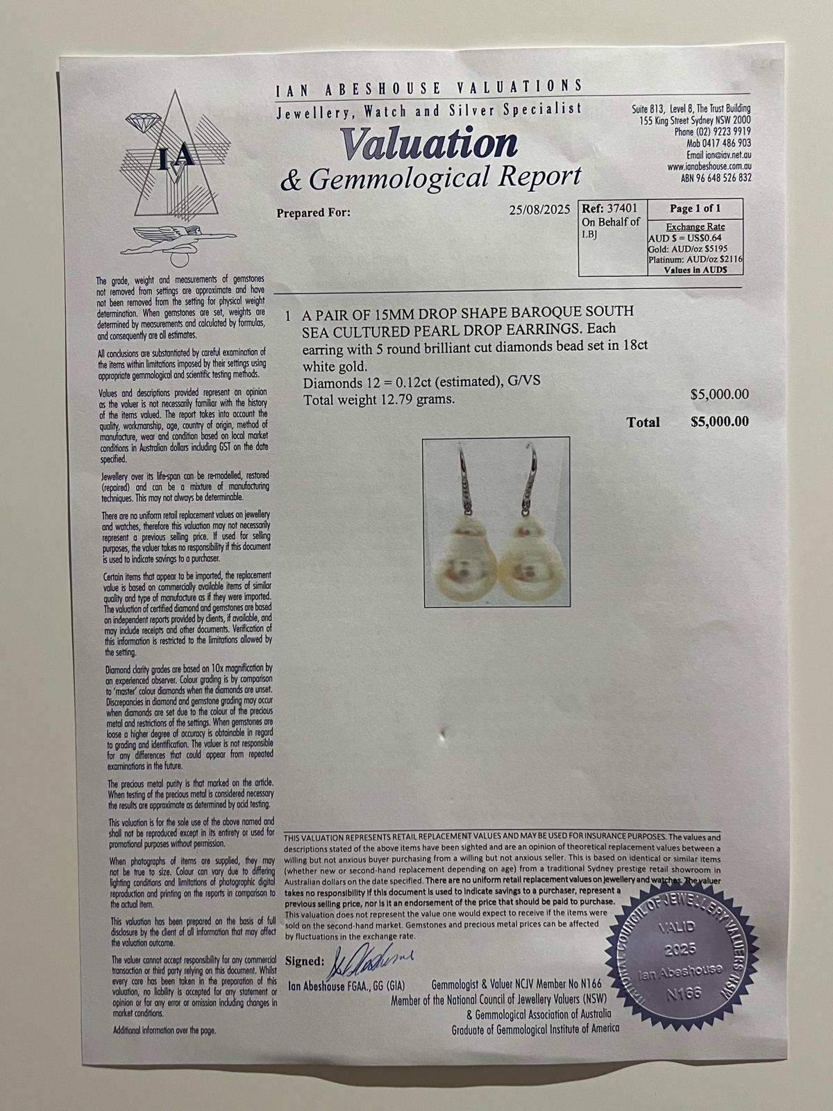 18ct White Gold Baroque South Sea Pearl and Diamond Drop Earrings 0.12ct - Image 6