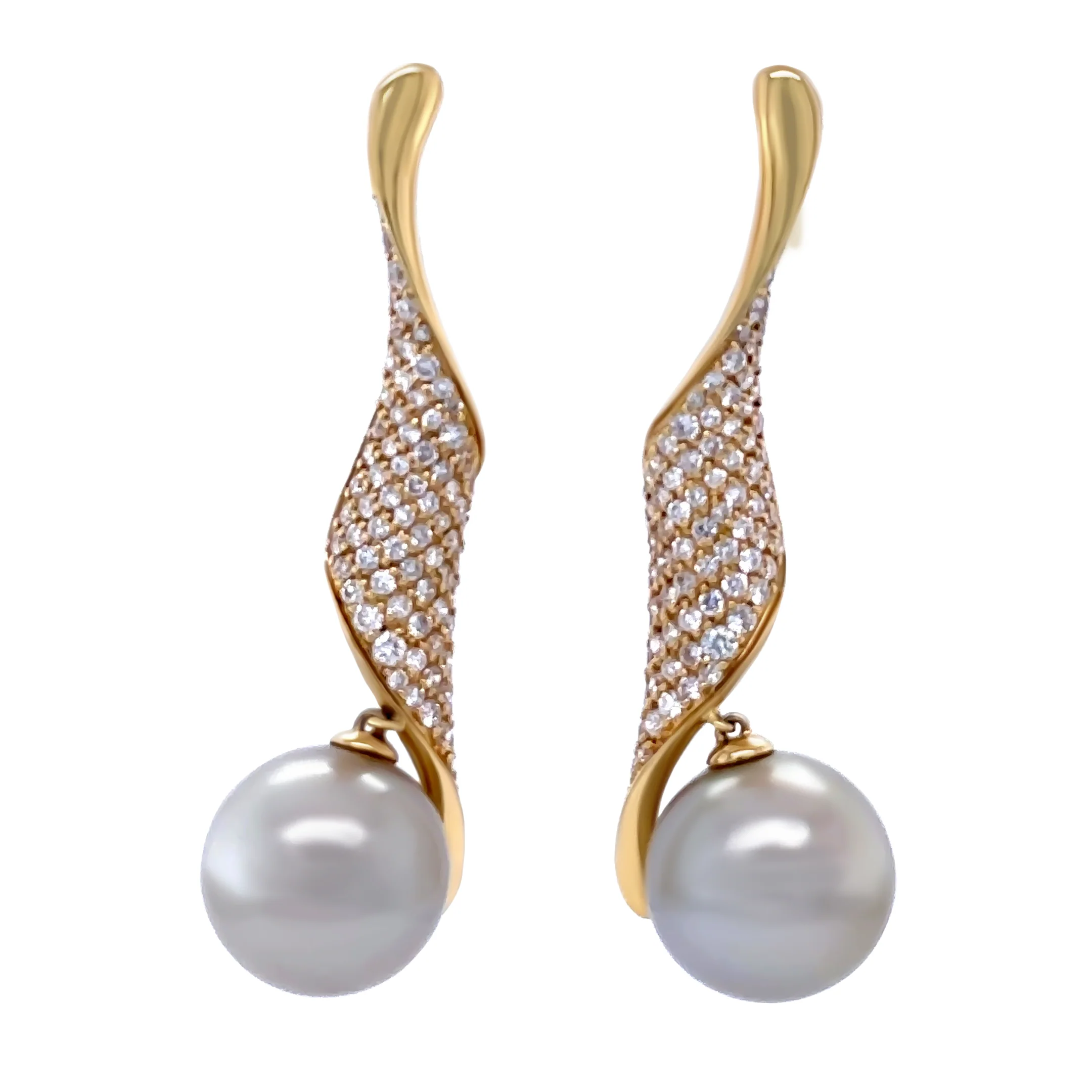 18ct Yellow Gold Autore Golden South Sea Pearl and Diamond Twist Drop Earrings 1.00ct - Image 2