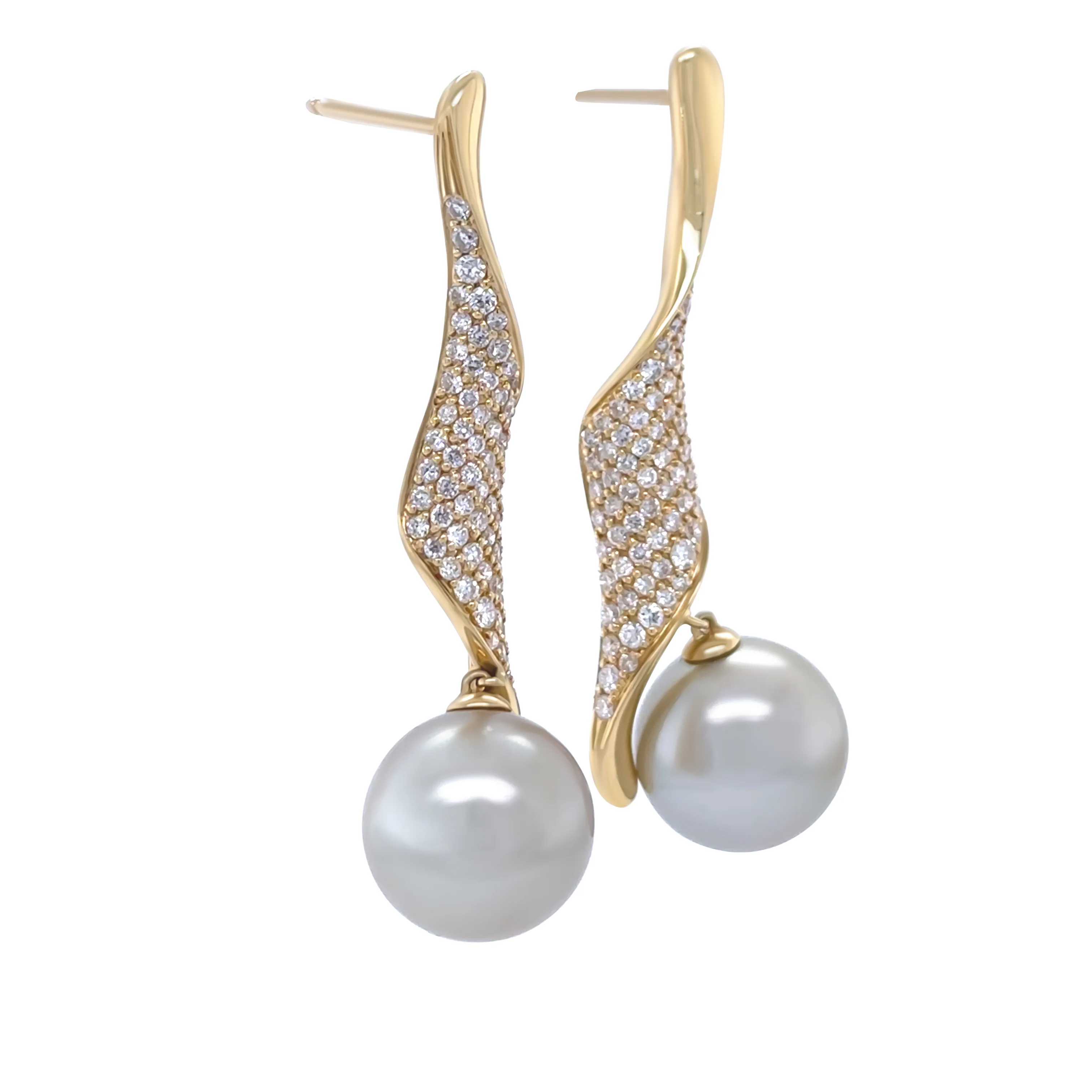 18ct Yellow Gold Autore Golden South Sea Pearl and Diamond Twist Drop Earrings 1.00ct - Image 3