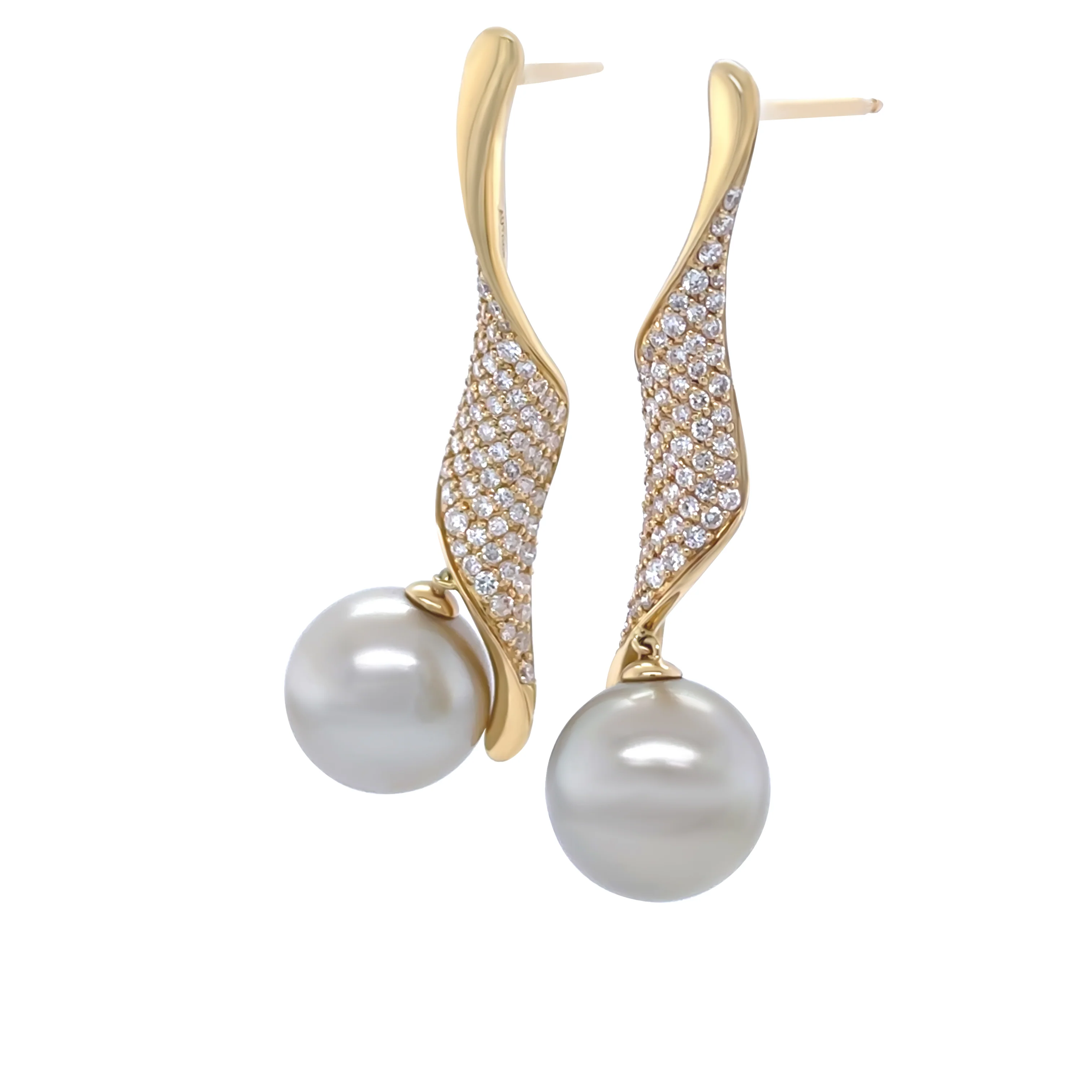 18ct Yellow Gold Autore Golden South Sea Pearl and Diamond Twist Drop Earrings 1.00ct - Image 4