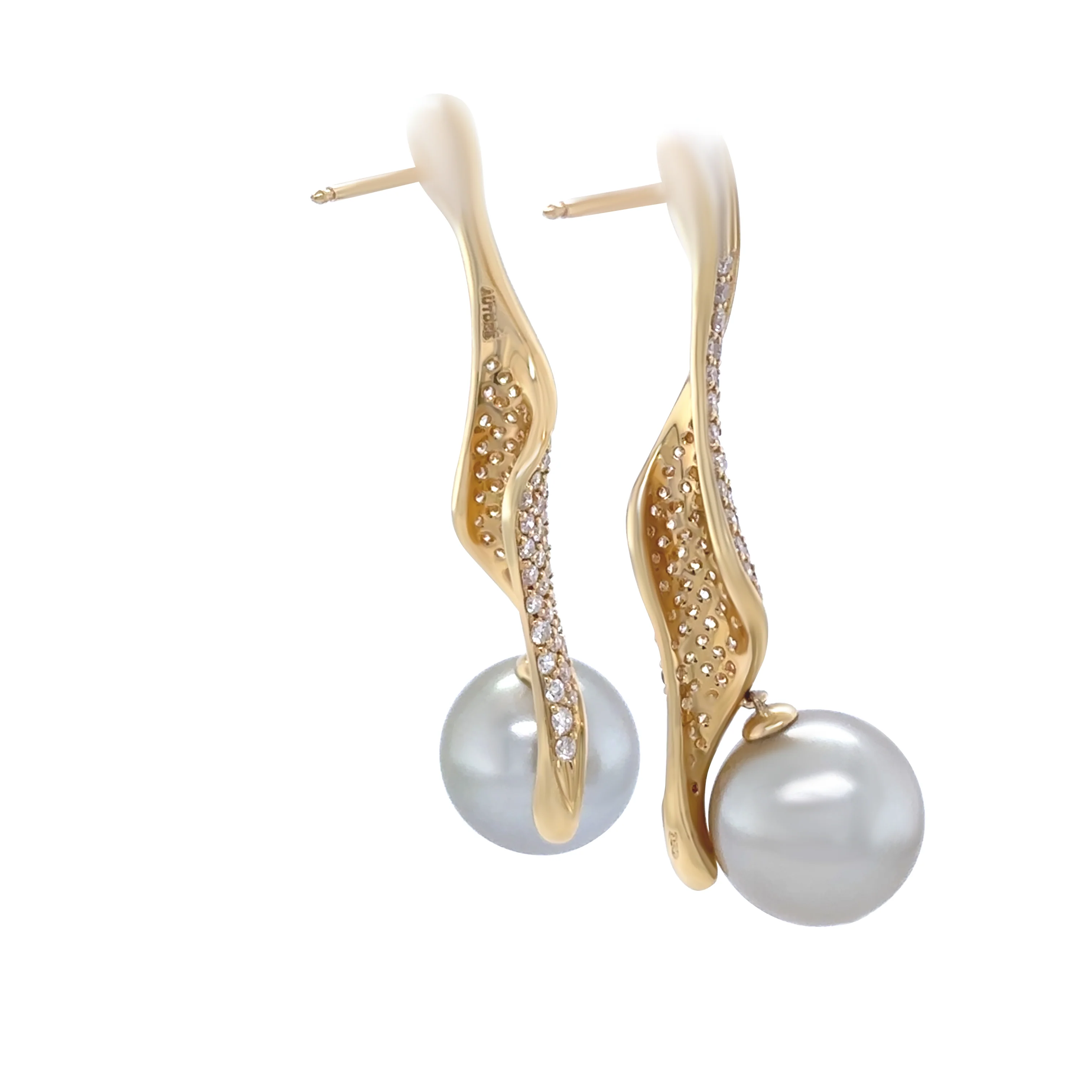 18ct Yellow Gold Autore Golden South Sea Pearl and Diamond Twist Drop Earrings 1.00ct - Image 6