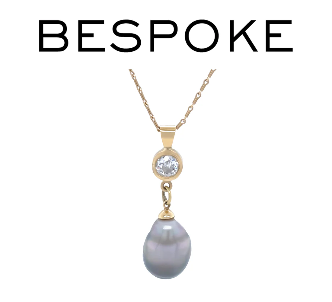 18ct Yellow Gold Baroque Black Cultured Pearl and Diamond Drop Pendant Necklace 1.02ct