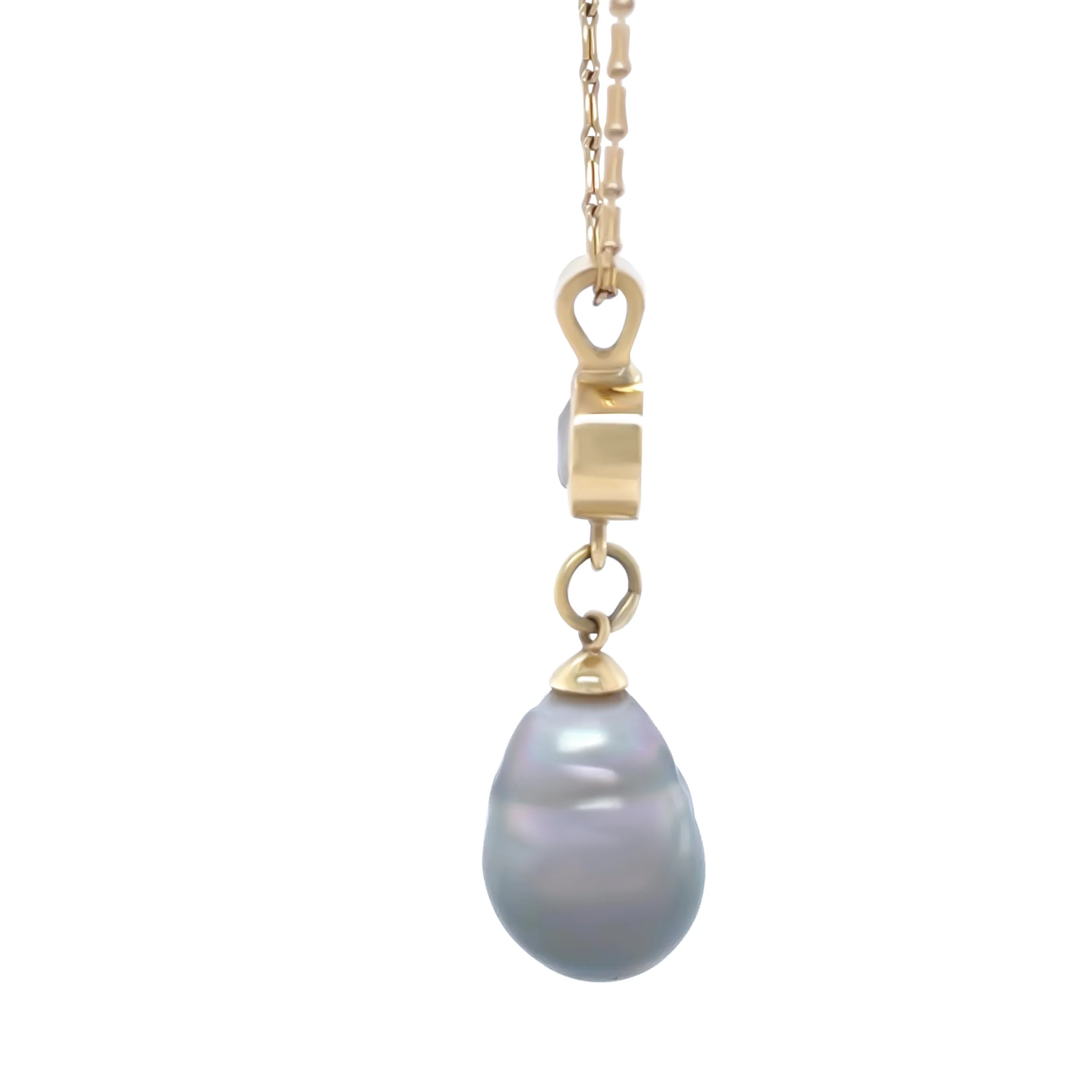 18ct Yellow Gold Baroque Black Cultured Pearl and Diamond Drop Pendant Necklace 1.02ct - Image 3