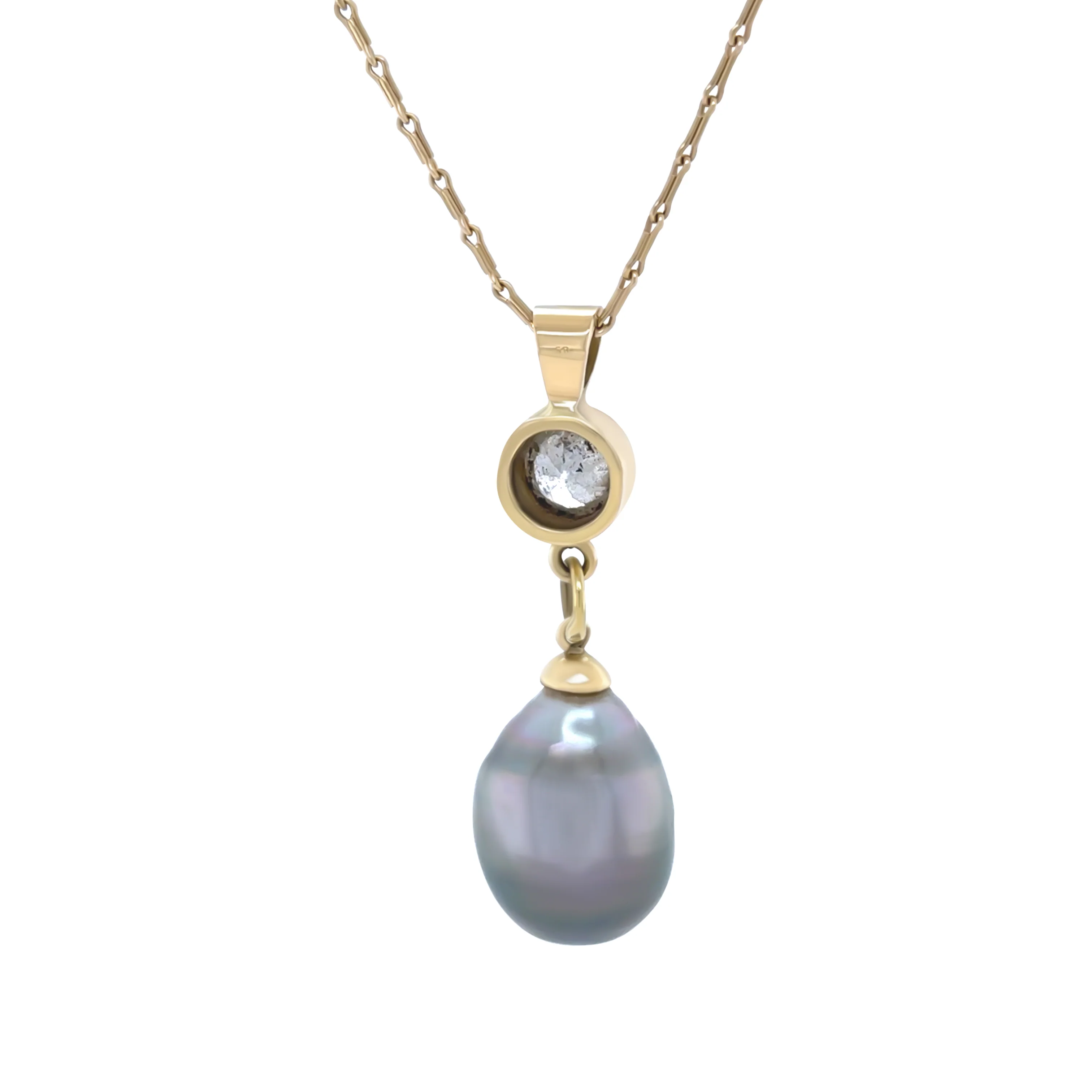 18ct Yellow Gold Baroque Black Cultured Pearl and Diamond Drop Pendant Necklace 1.02ct - Image 4
