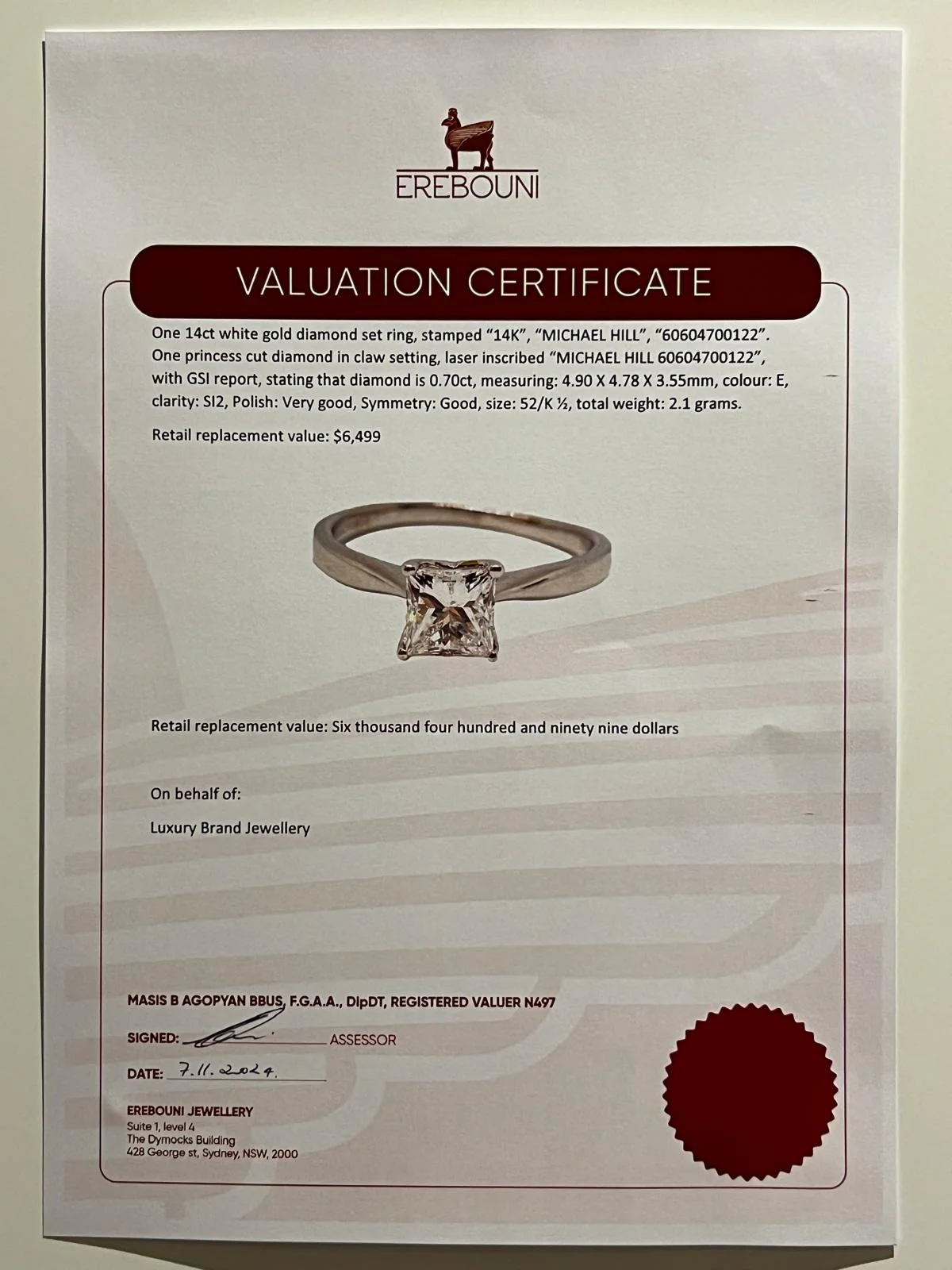 Bespoke 14ct White Gold Princess Cut Diamond Ring 0.70ct - Image 5
