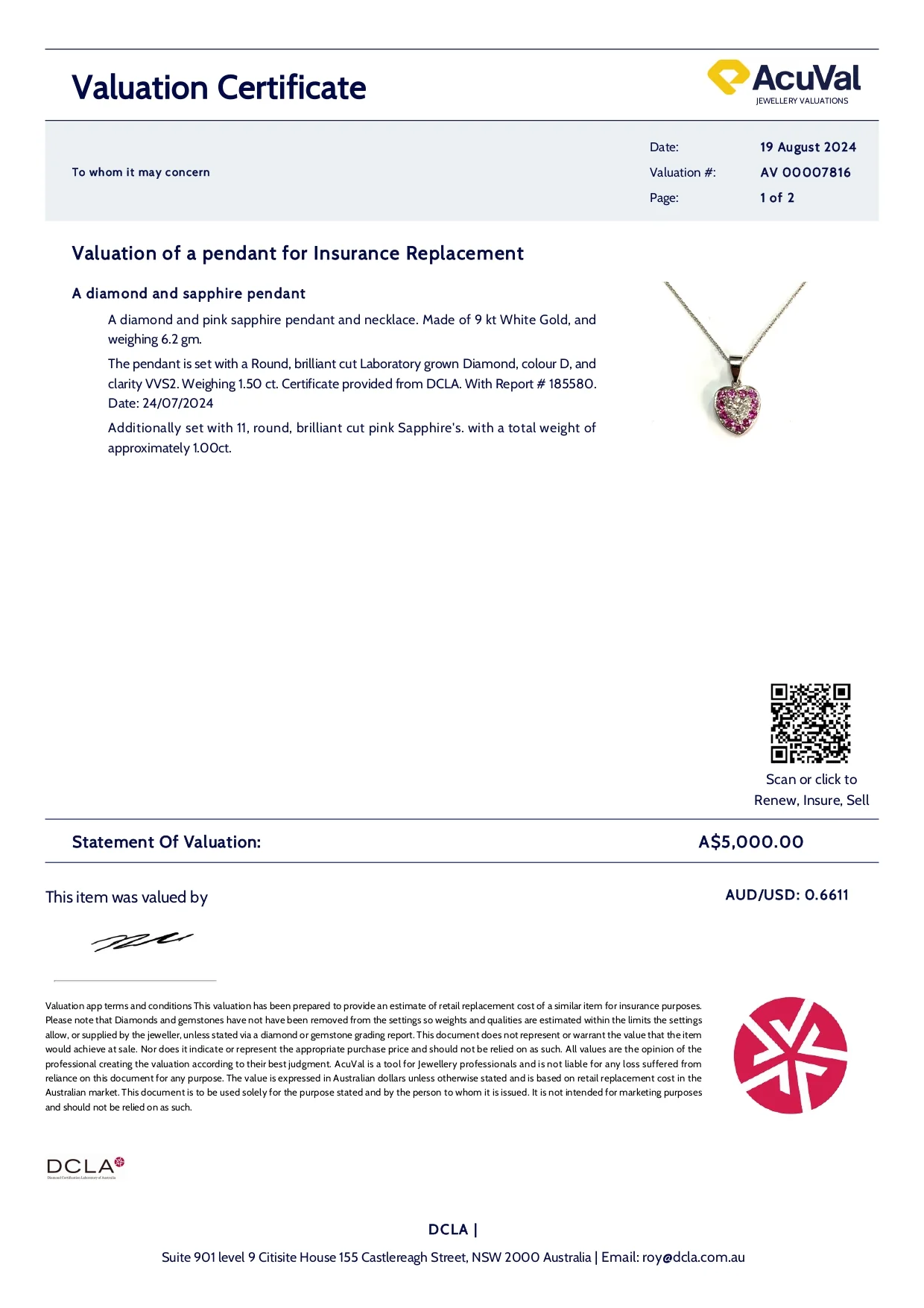 Bespoke 9ct White Gold Lab Diamond & Pink Sapphire Pendant 2.50ct - Image 7