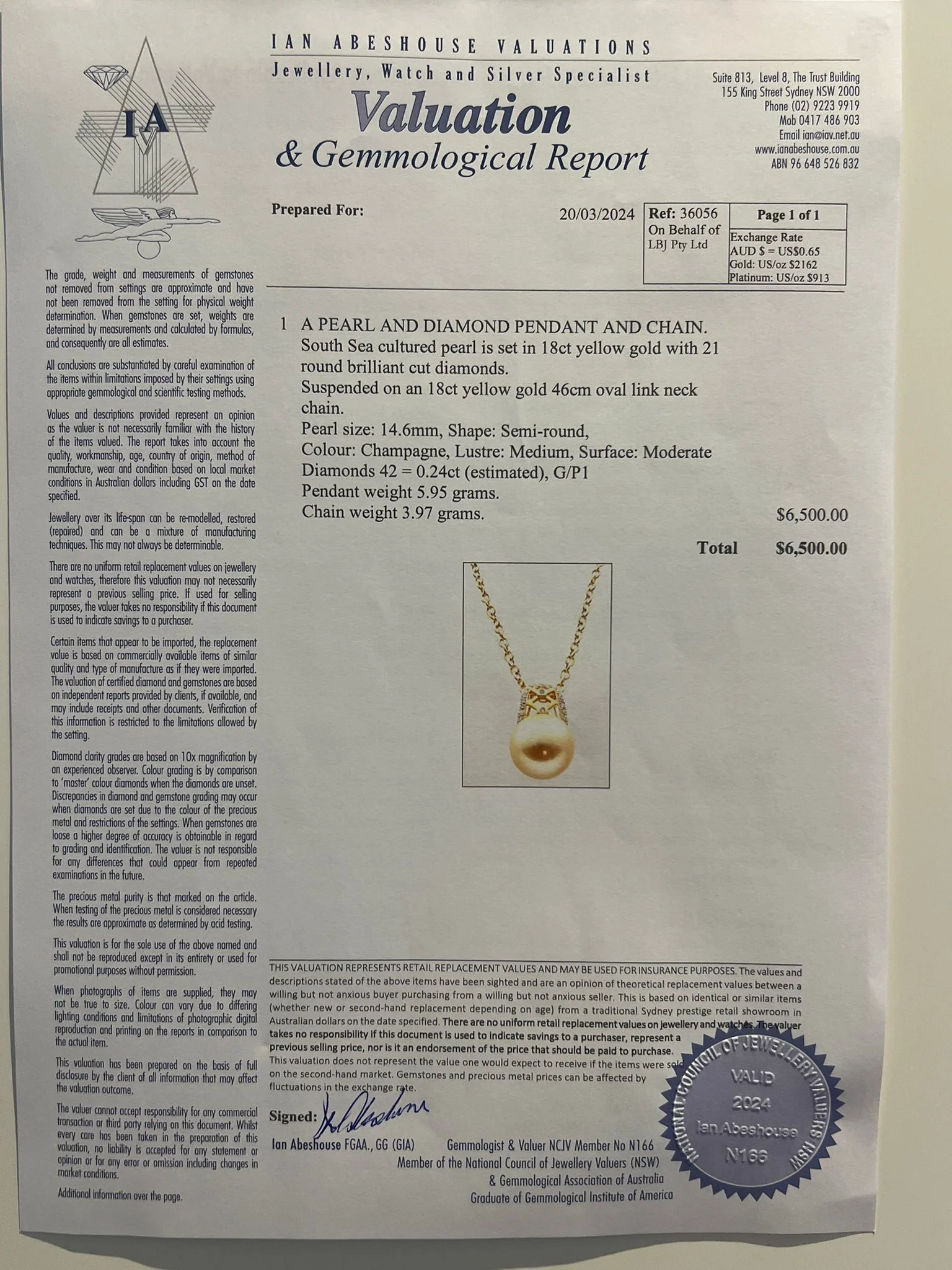 Bespoke Pearl & Diamond Pendant and Chain 0.24ct - Image 9