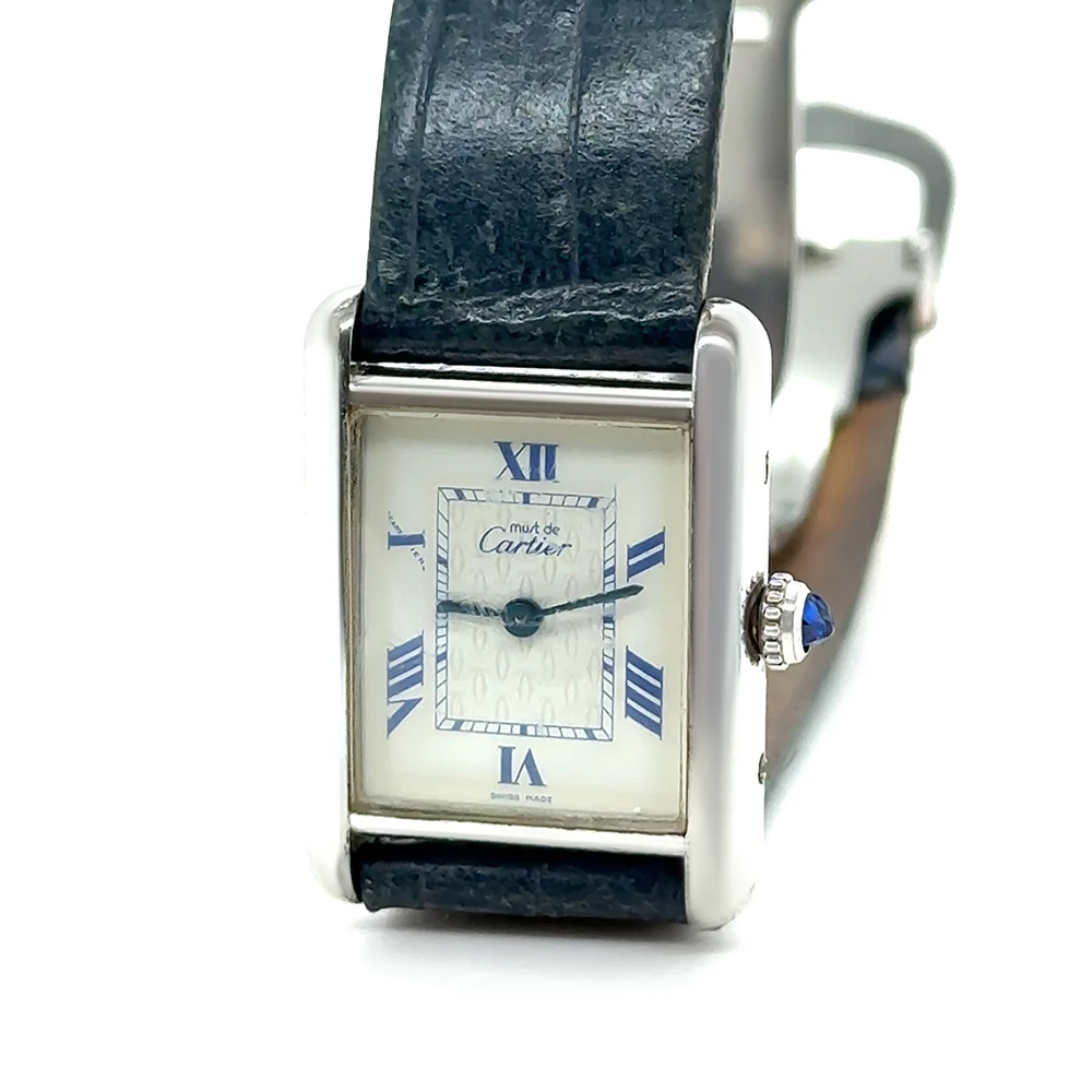 Cartier Tank Must Silver Quartz Watch Green Strap - Image 3