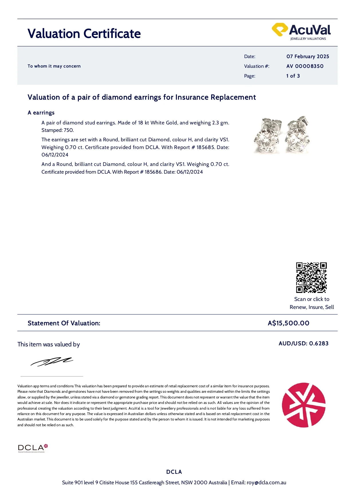 DCLA 18ct White Gold Diamond Earrings 1.40ct - Image 8