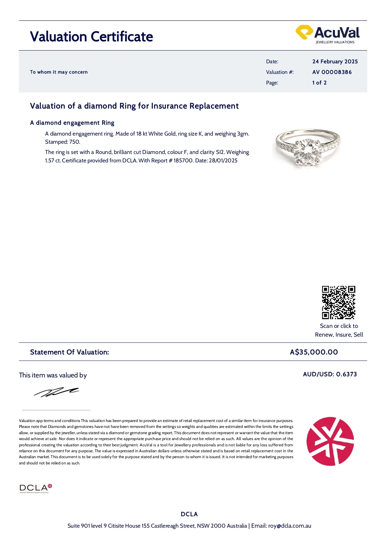 DCLA 18ct White Gold Diamond Engagement Ring 1.57ct - Image 9