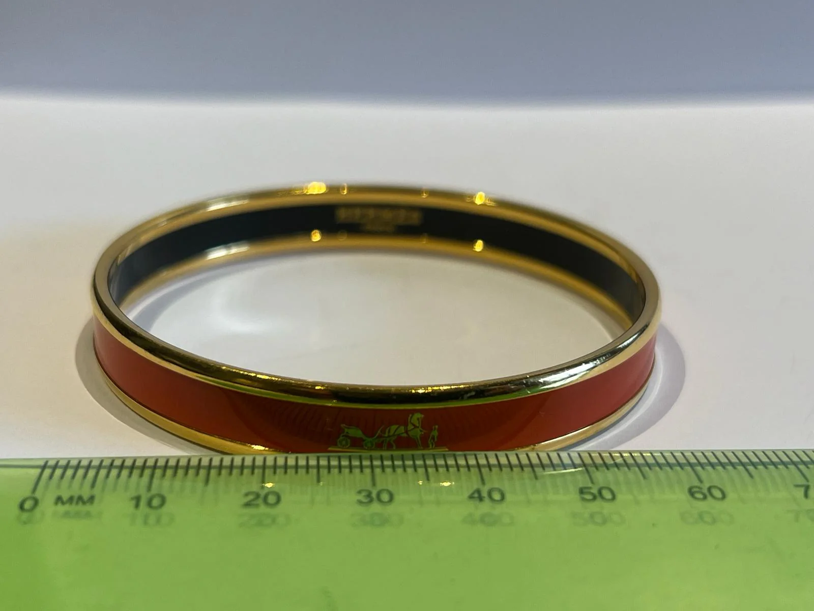 Hermes Red Enamel Gold Plated Caleche Narrow Bangle Bracelet - Image 6
