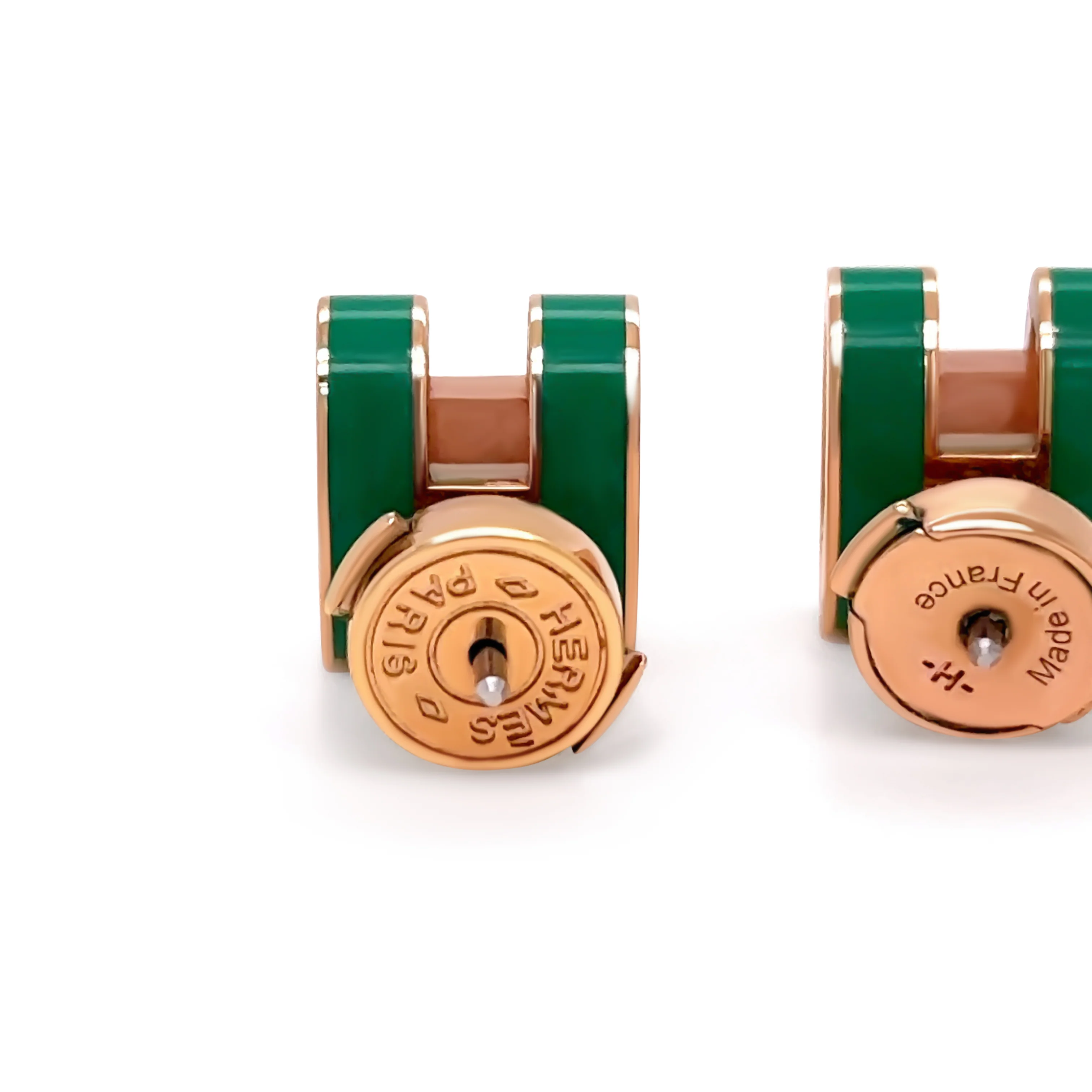 Hermès Rose Gold-Plated Pop H Earrings with Green Malachite Lacquer - Image 4