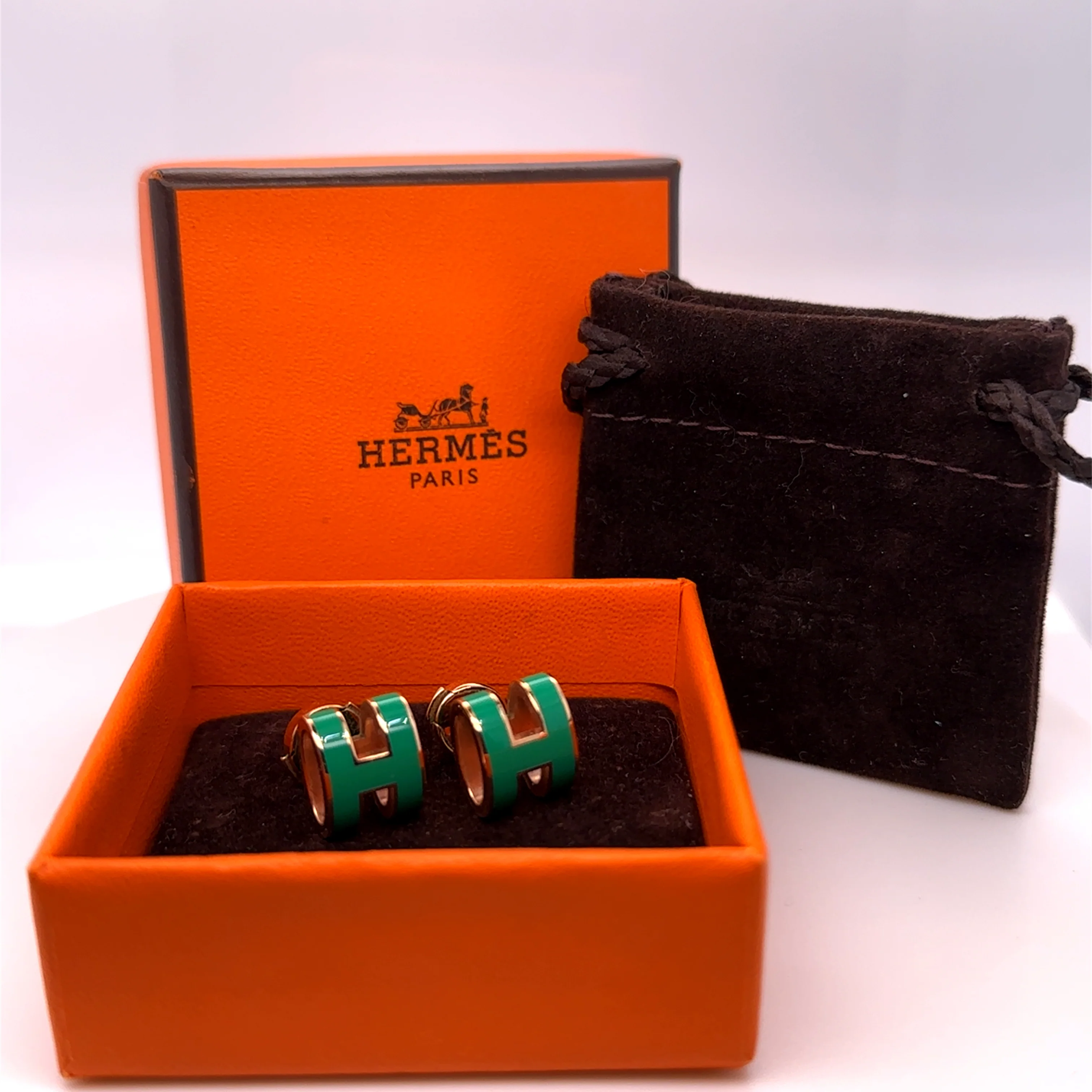 Hermès Rose Gold-Plated Pop H Earrings with Green Malachite Lacquer - Image 6