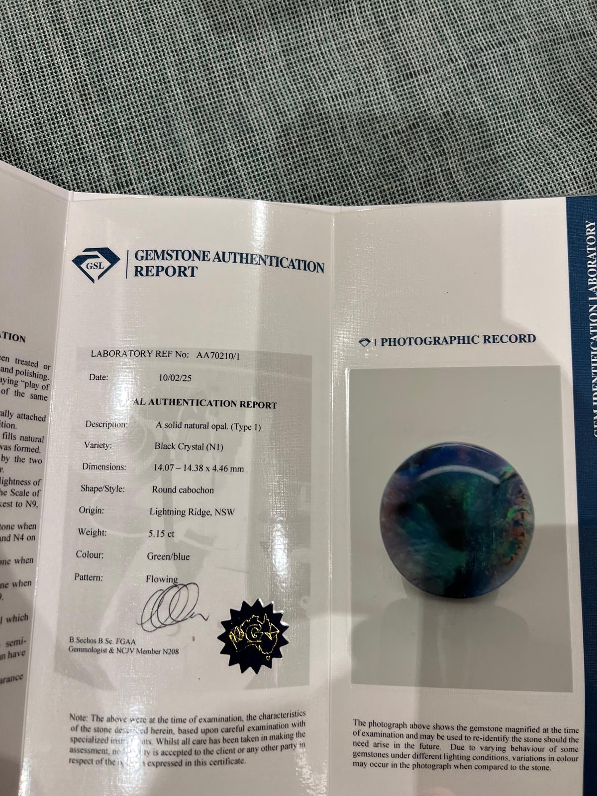 Loose Round Lightning Ridge Black Opal 5.15ct– Green/Blue Flowing Pattern - Image 10
