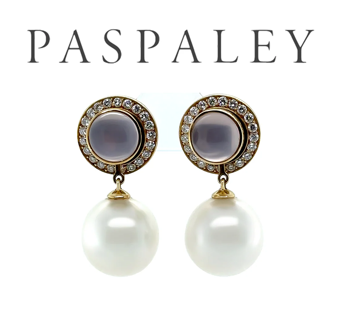 Paspaley 18ct Yellow Gold Muse Pearl, Rose Quartz & Diamond Earrings 0.64ct 15.27g