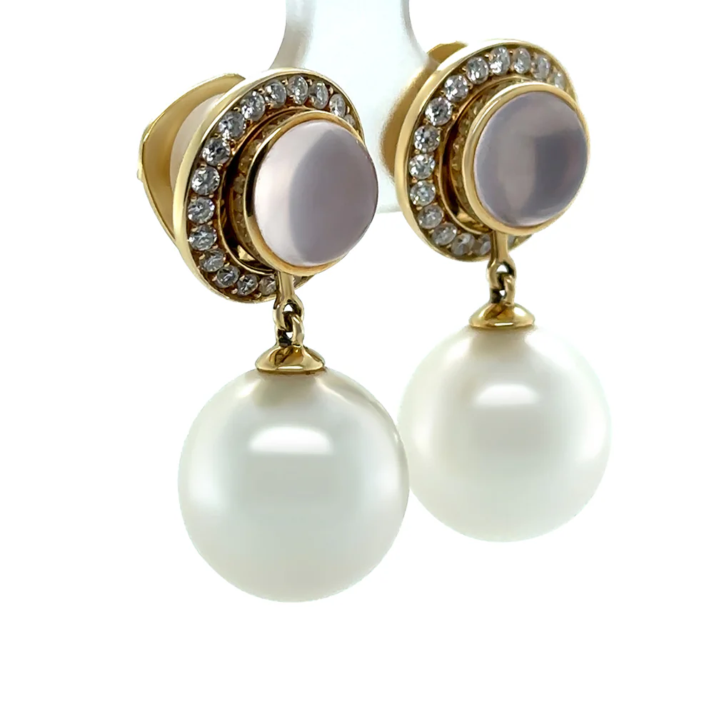 Paspaley 18ct Yellow Gold Muse Pearl, Rose Quartz & Diamond Earrings 0.64ct 15.27g - Image 2