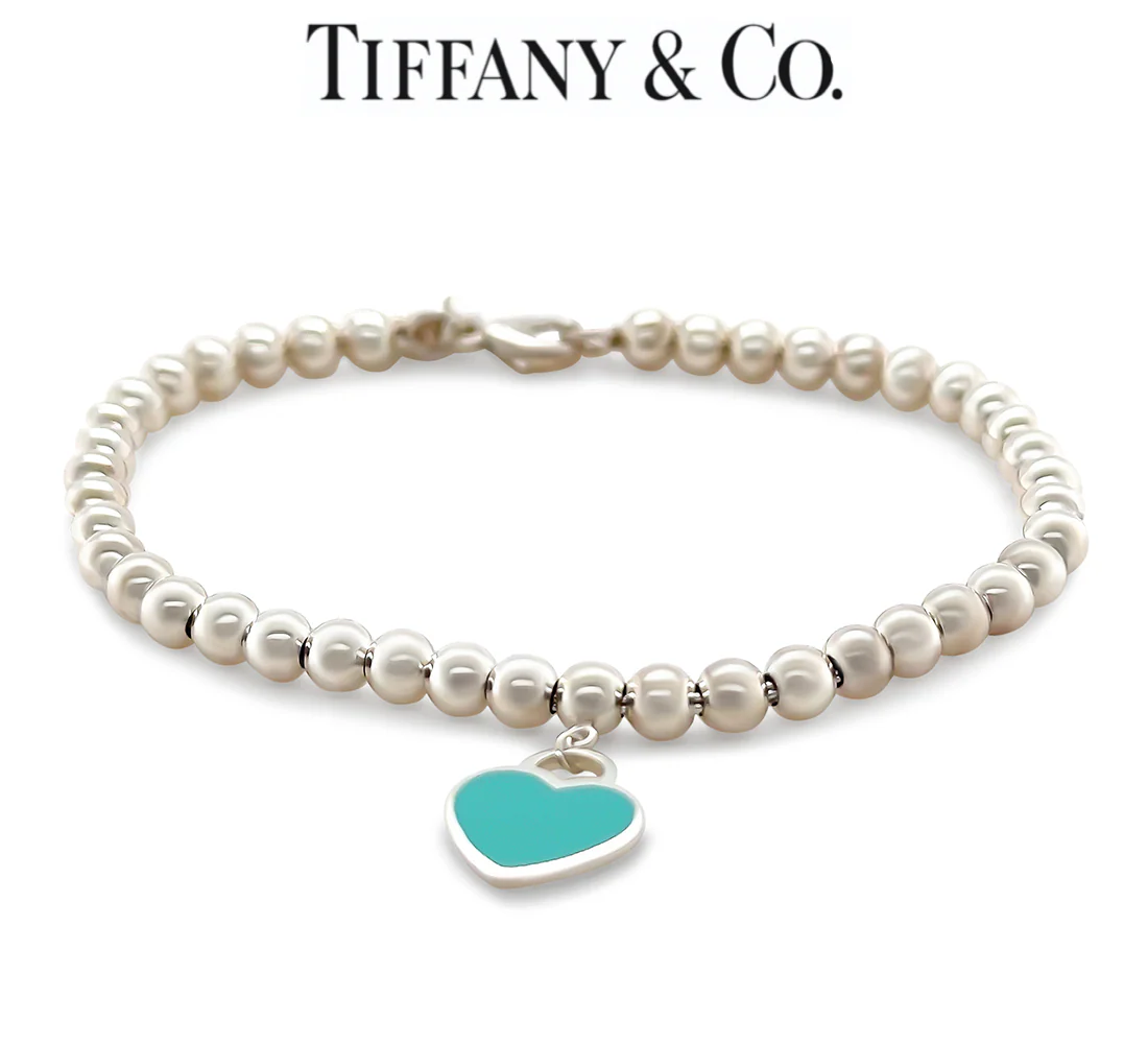 Tiffany and Co Sterling Silver Blue Heart Tag Bead Bracelet