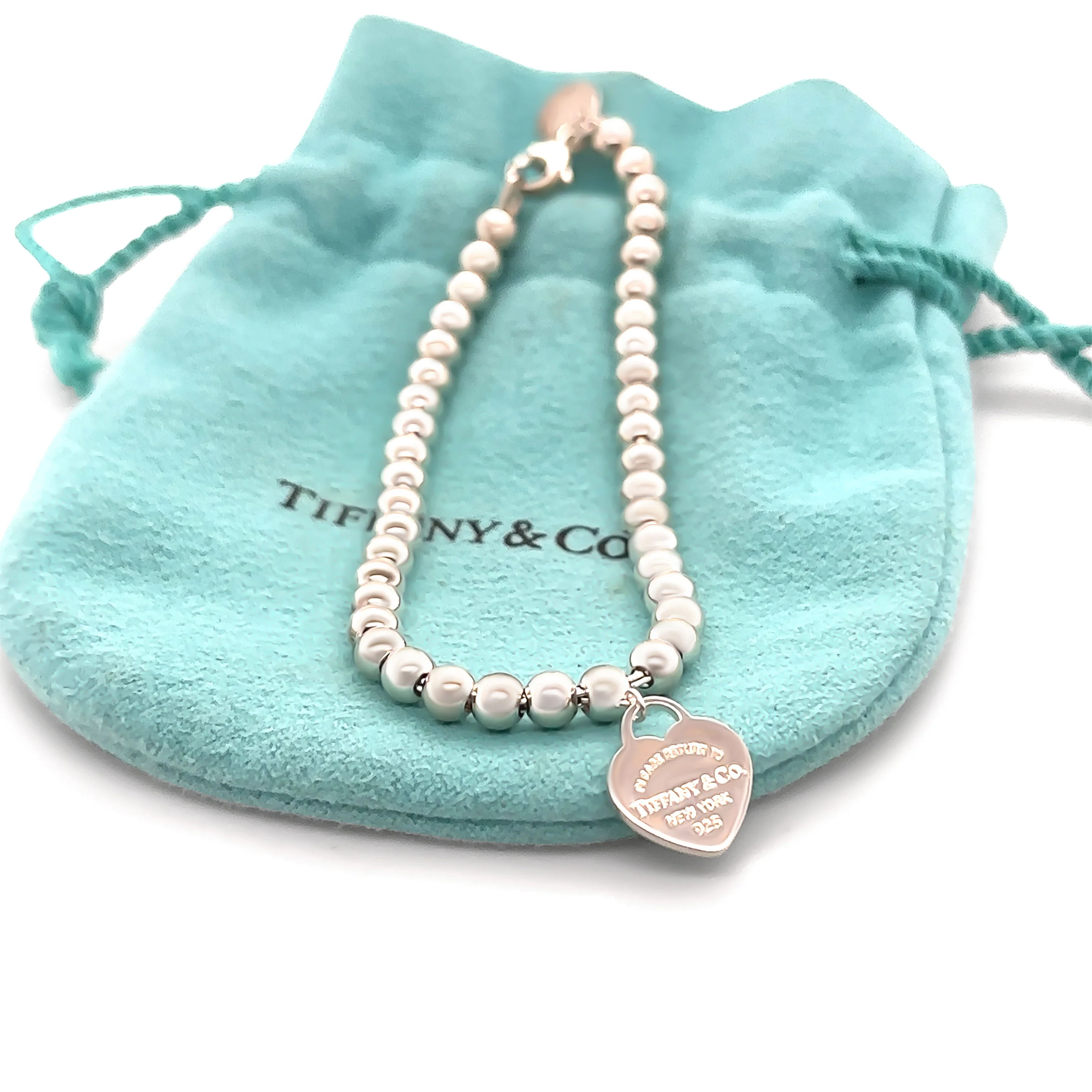 Tiffany and Co Sterling Silver Blue Heart Tag Bead Bracelet - Image 3