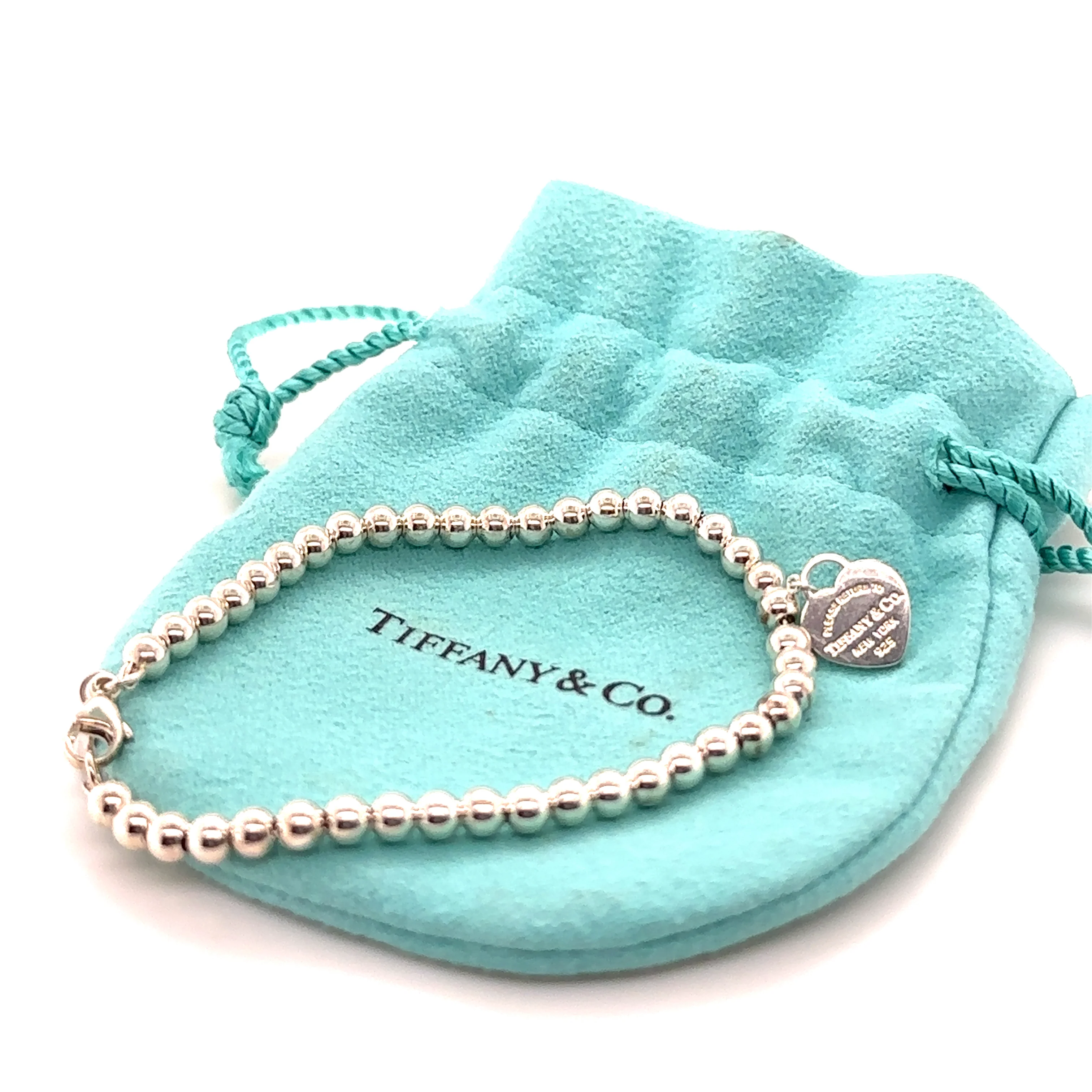Tiffany and Co Sterling Silver Blue Heart Tag Bead Bracelet - Image 4