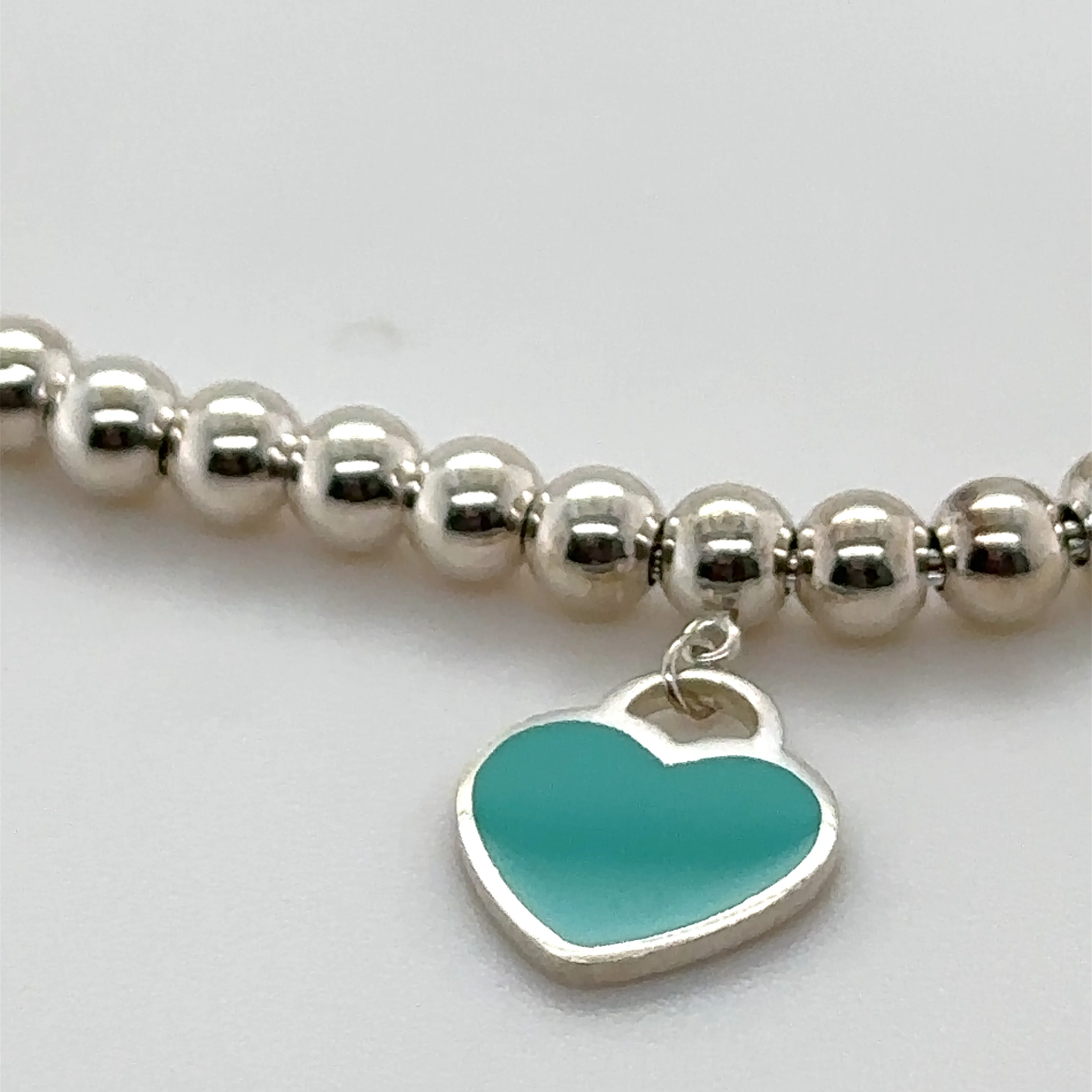 Tiffany and Co Sterling Silver Blue Heart Tag Bead Bracelet - Image 5