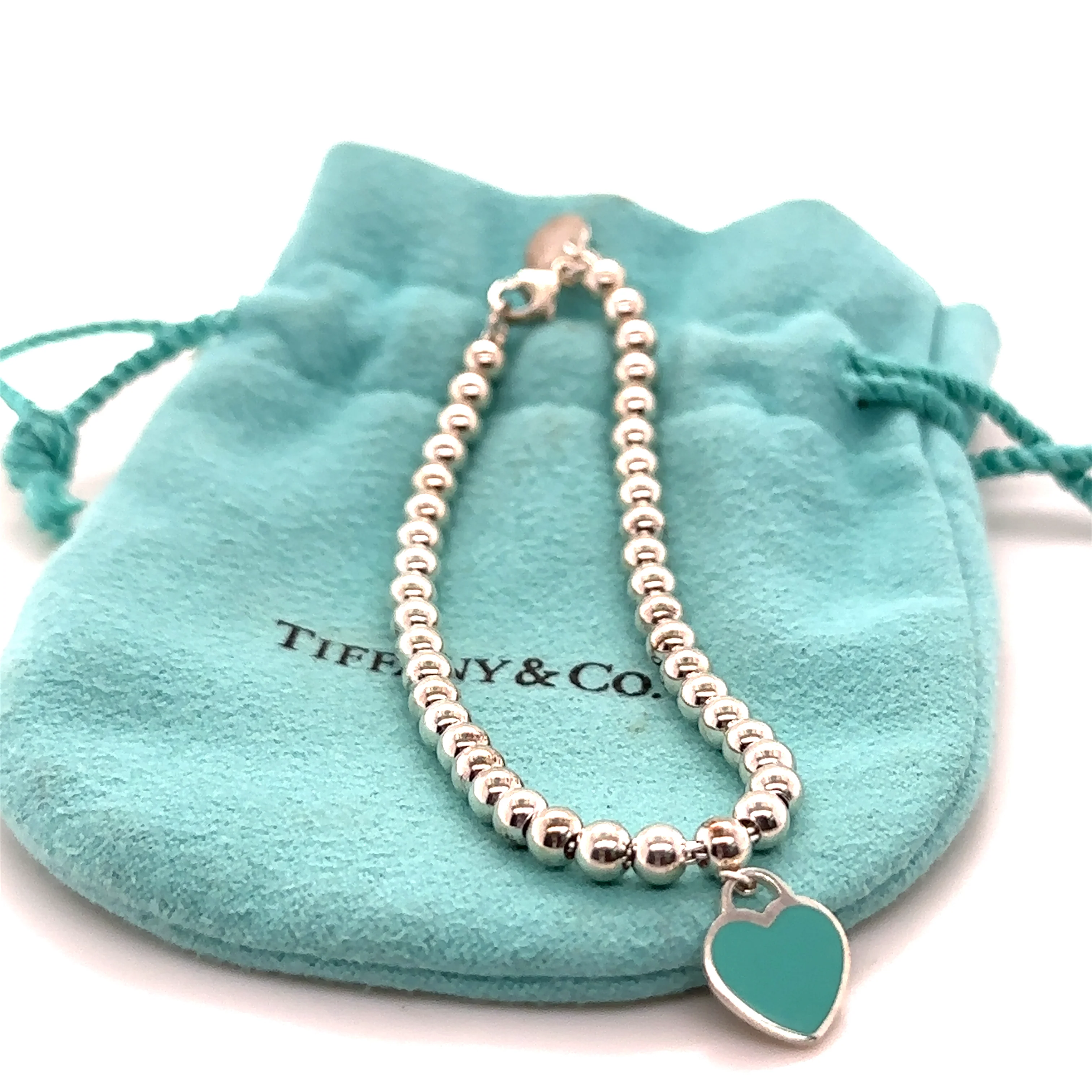Tiffany and Co Sterling Silver Blue Heart Tag Bead Bracelet - Image 6