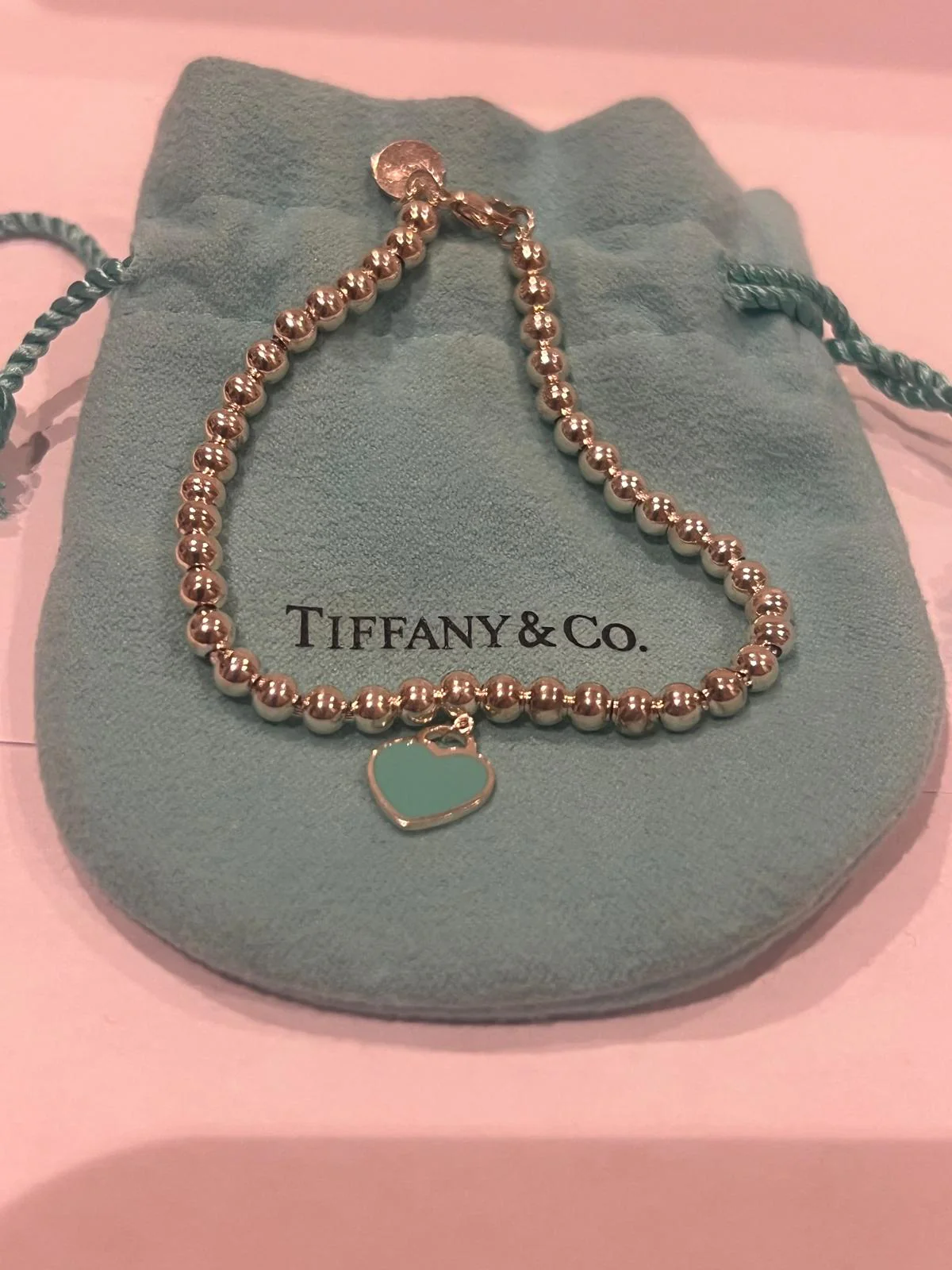 Tiffany and Co Sterling Silver Blue Heart Tag Bead Bracelet - Image 7