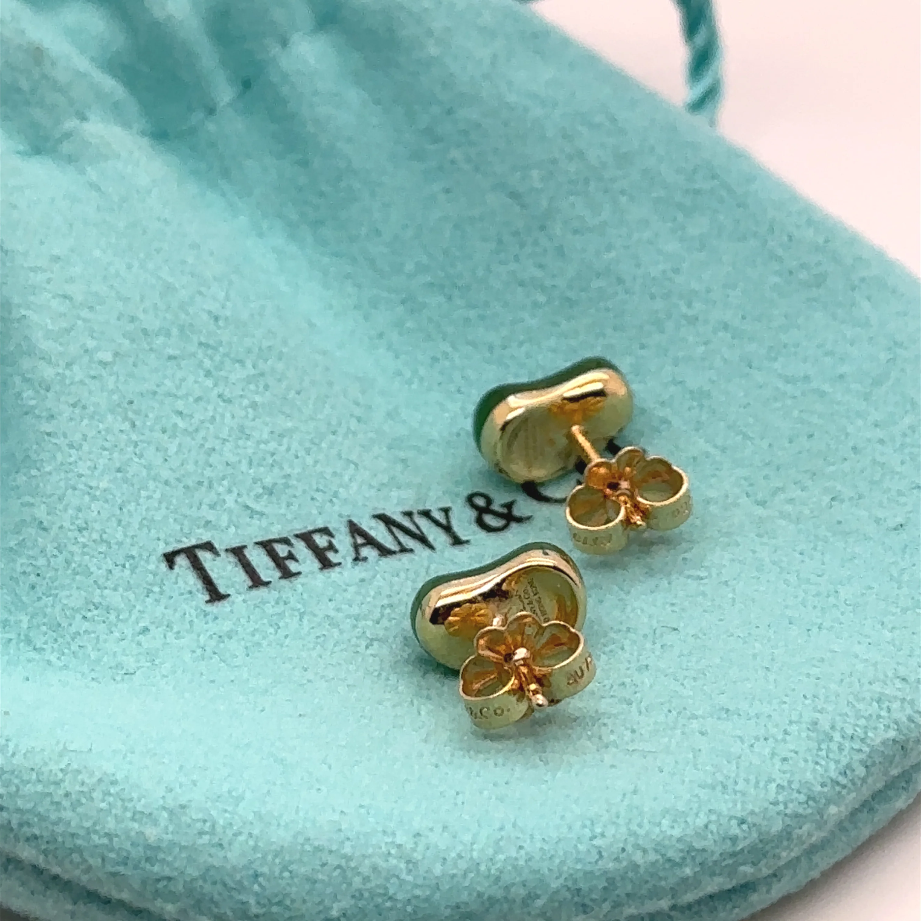 Tiffany & Co Elsa Peretti 18ct Yellow Gold Green Jade Bean Stud Earrings 2.14g - Image 8