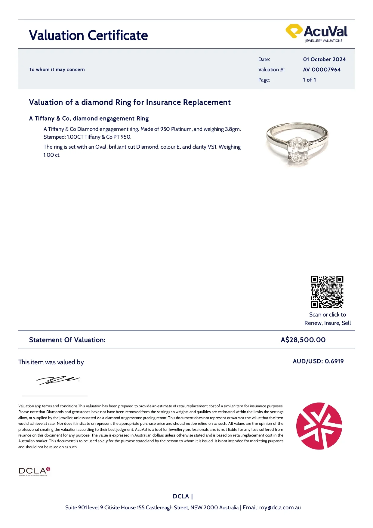Tiffany & Co Platinum Diamond Engagement Ring 1.00ct - Image 8
