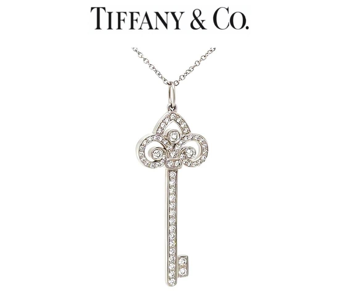 Tiffany & Co Platinum Fleur De Lis Key Diamond Pendant Necklace 0.50ct