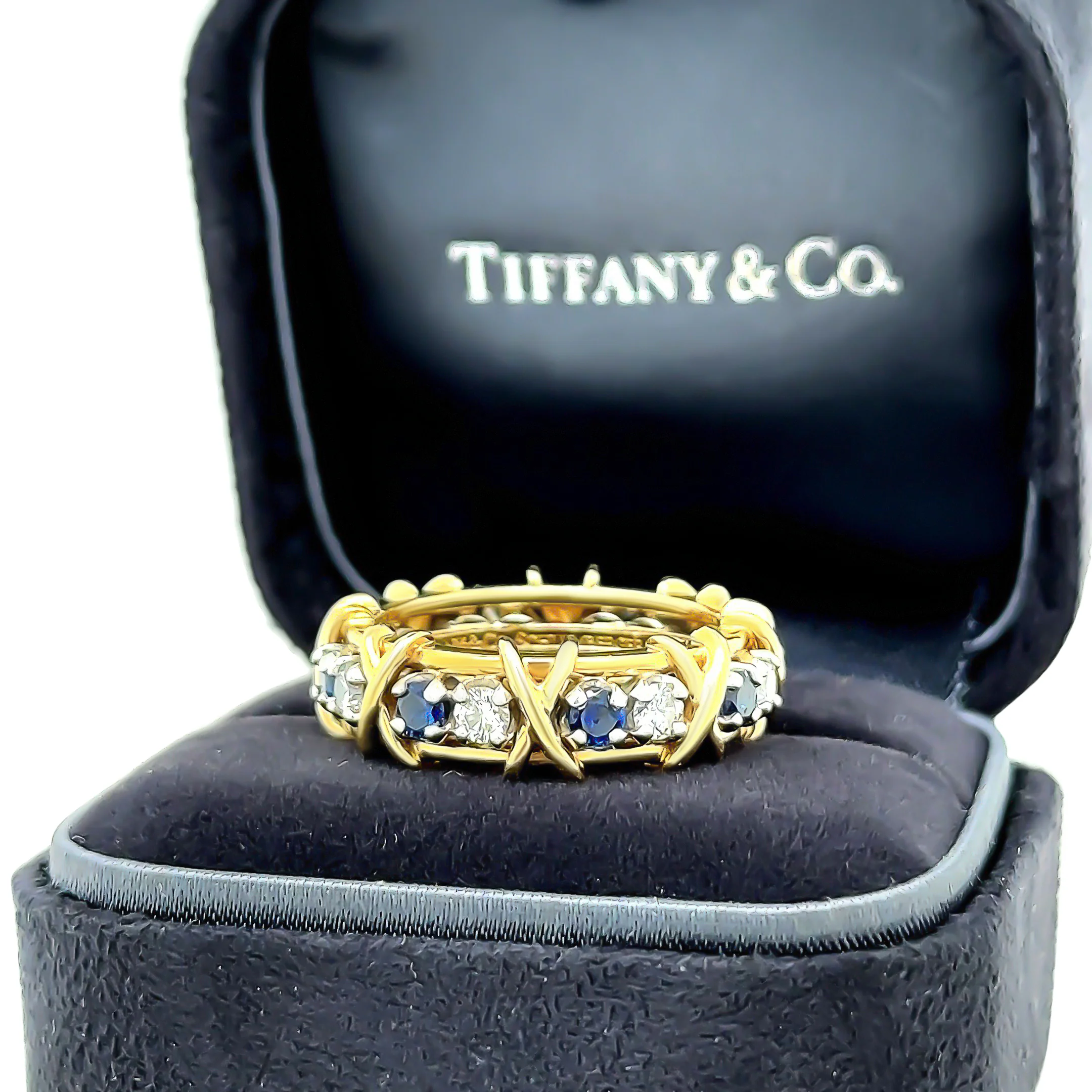 Tiffany & Co Platinum & 18ct Yellow Gold Sixteen Stone Diamond & Sapphire Ring 1.34ct - Image 6