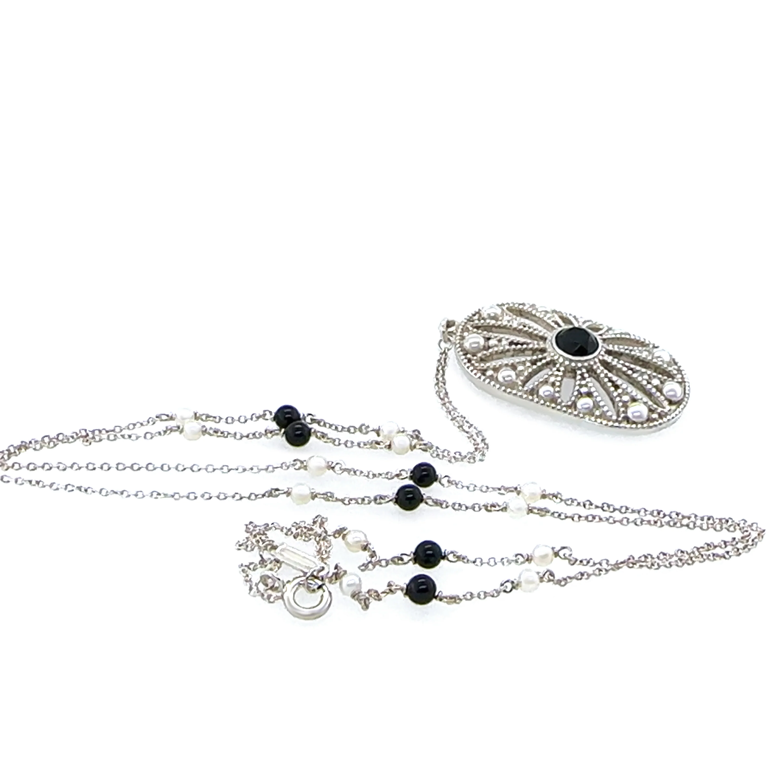 Tiffany & Co. Sterling Silver Pearl and Black Onyx Necklace and Earrings Set 12.92g - Image 2